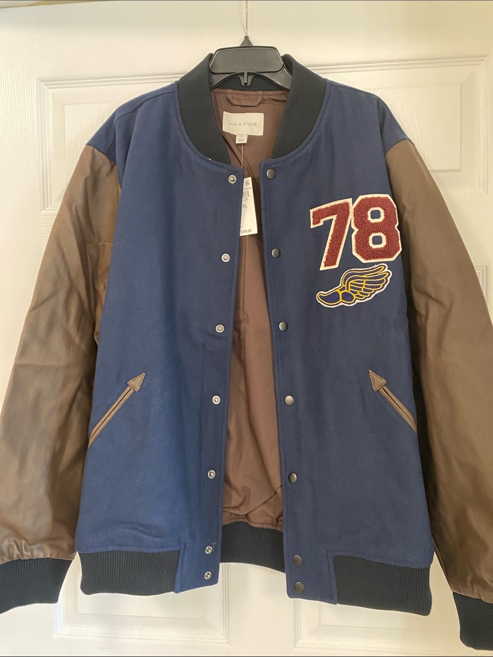 Sun + Stone Navy and Brown Varsity Bomber Jacket with '78' Patch